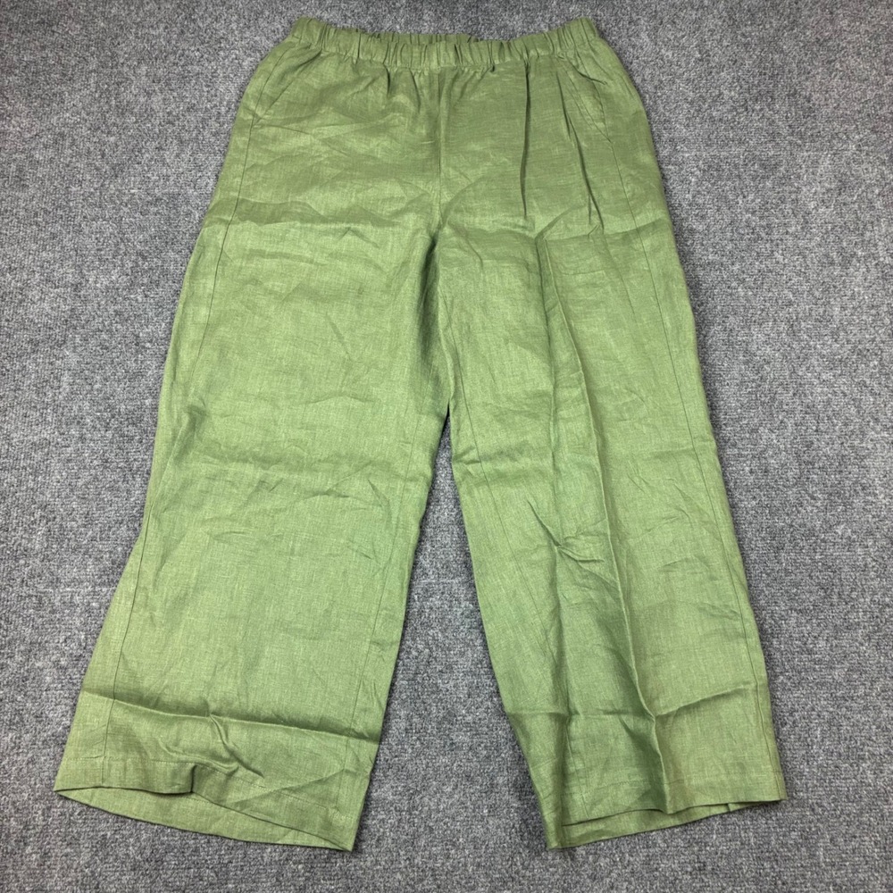 Lisa Bayne Green Linen Wide Leg Pants Elastic Waist Pockets Womens Size Small
